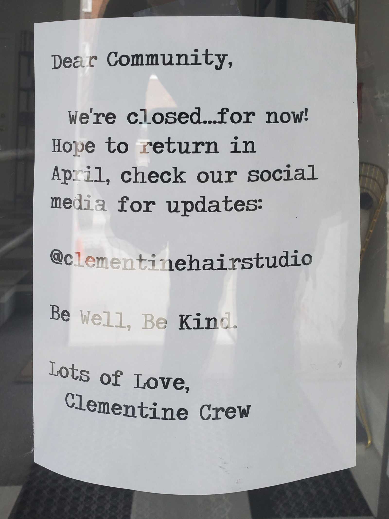 Clementine Hair Studio Due to COVID19 Documenting the signs of the