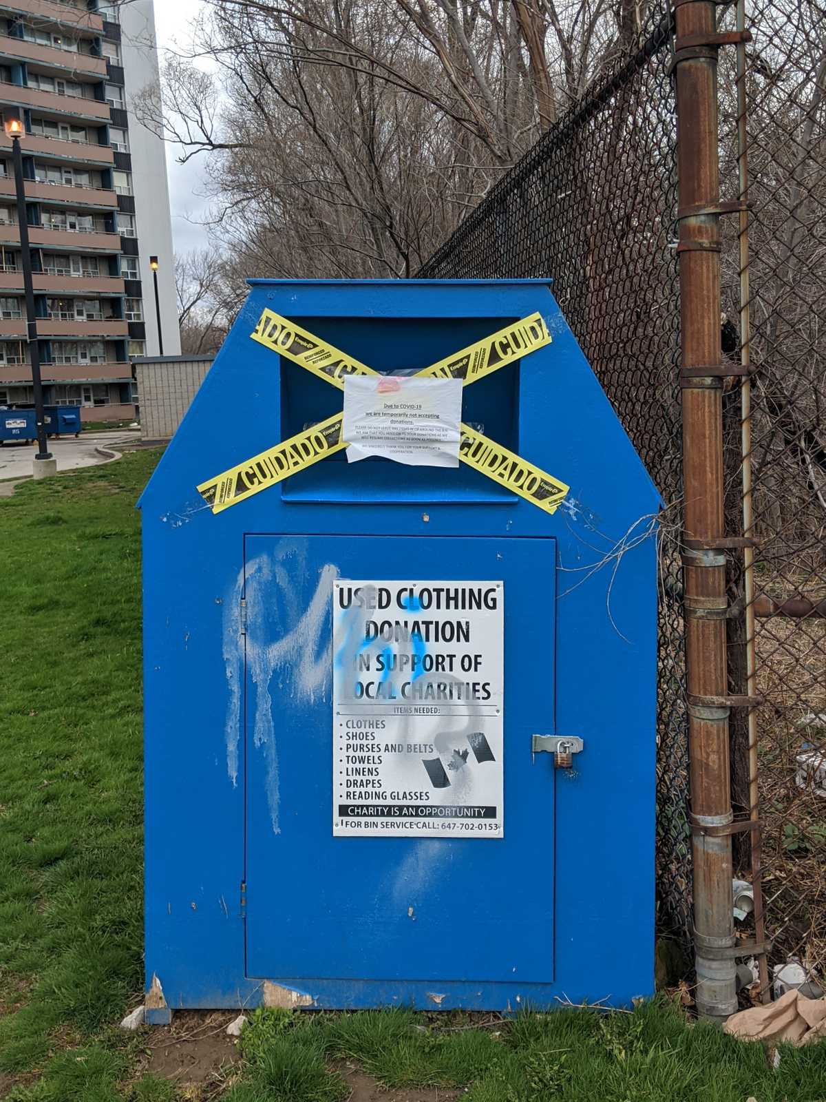 Used Clothing Donation bin Due to COVID19 Documenting the signs of